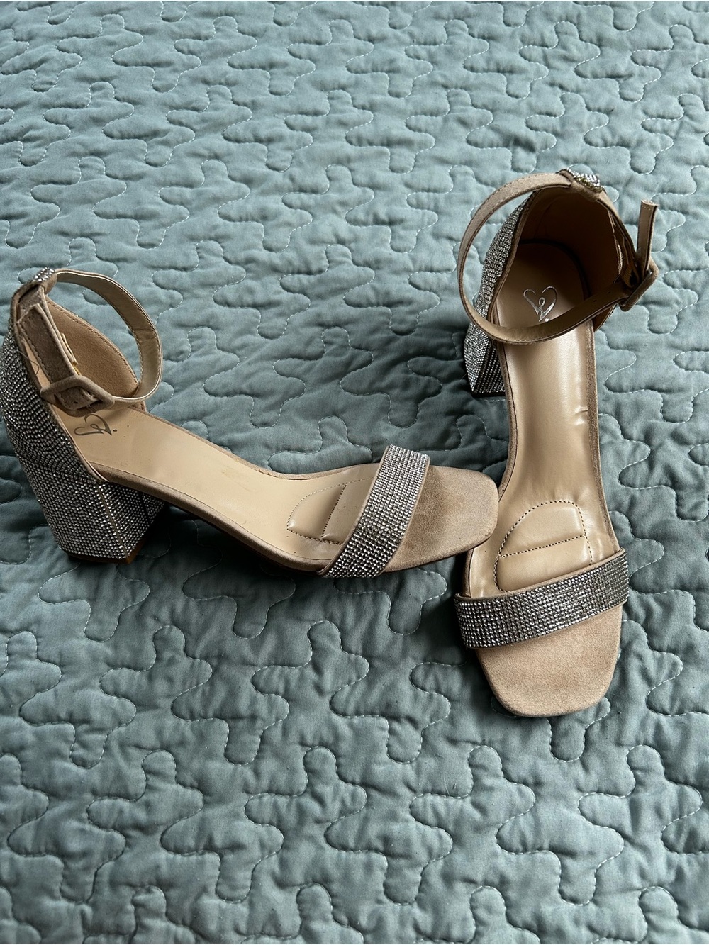 Windsor Taupe Block Heel Ankle-Strap Sandals with Rhinestone Accents